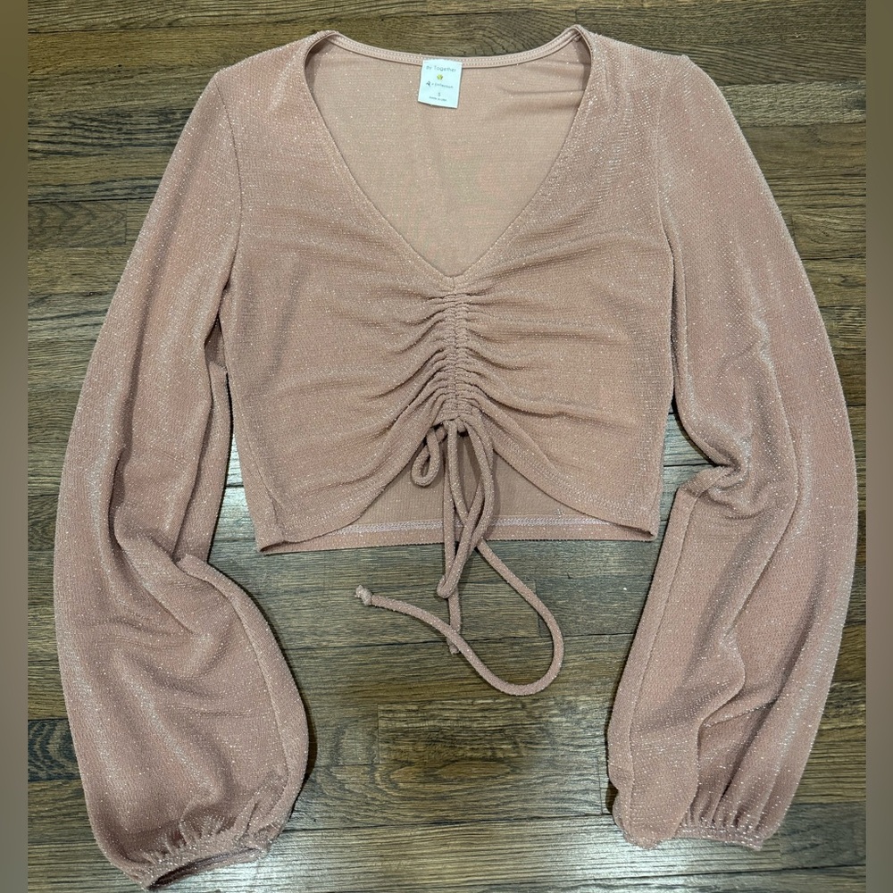 Pink Silver Sparkle Long Sleeve Crop Top Going Out Top Small
